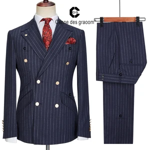 Cenne Des GraoomNew Men's Decoration Gold Double-Breasted Six-Button Striped Business Office Suit Blue Homme