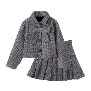 Winter New Design Elegant Girls Clothing Sets Plaid Bow Suits Pleated Skirts Children Clothing Sets