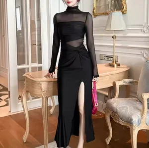 Elegant Vintage Midi Dress Long Sleeves Slim Fit Natural Slim Eco-Friendly Lace Solid Color Spring Sweet Style Zipper Decoration