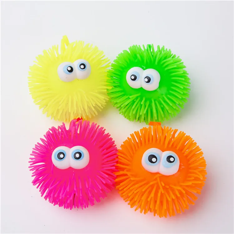 Factory Custom Light Rubber Flashing Toy Led Soft Hairy yoyo Puffer Ball with Eyes