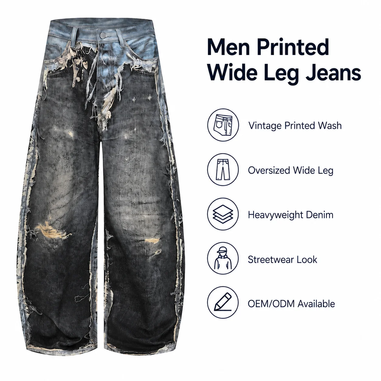 Men's Autumn Denim Printed Heavyweight Washed Knife Pants High Street Style Wide Leg Jeans