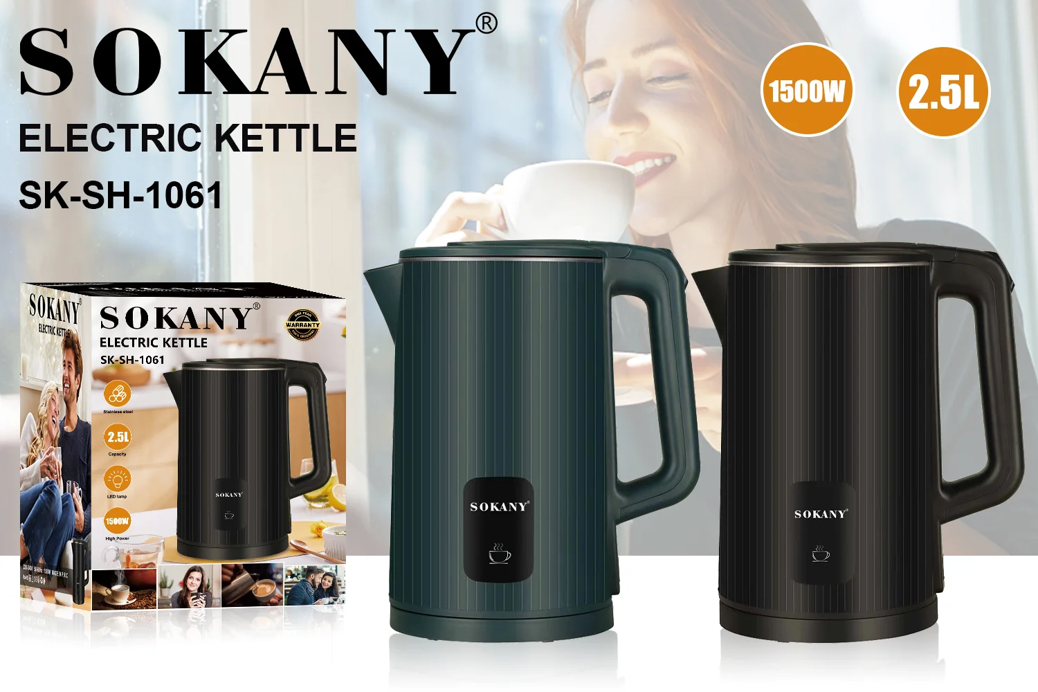 1pc Sokany Plug-in Type 1l High Power Electric Kettle Sk-613