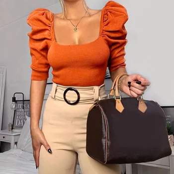 Square Neck White Long Sleeve Women Tops Blouse Puff Sleeve