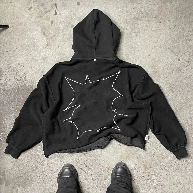 No Pocket Sun Faded Cut Edge Custom 500 Gsm Acid Wash Cropped Hoodies Men Raw Hem Applique Distressed Patch Embroidery Hoodies details