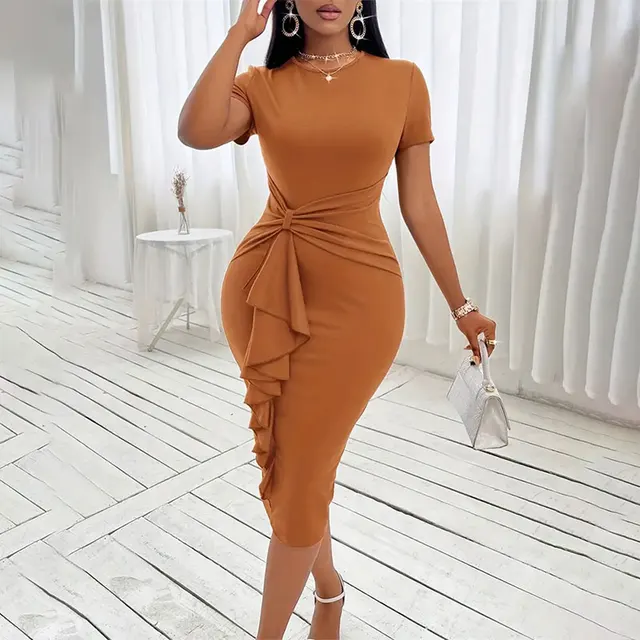 3008 Trendy Career Dresses Short Sleeve Solid Color Hip Wrap Ruffle High Waist Office Lady Dresses for Women African Dress