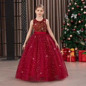 Christmas New Formal Sleeveless Ball Gown Maxi Princess Dress for Baby Girls Embroidered Flowers Sequins Runway Show