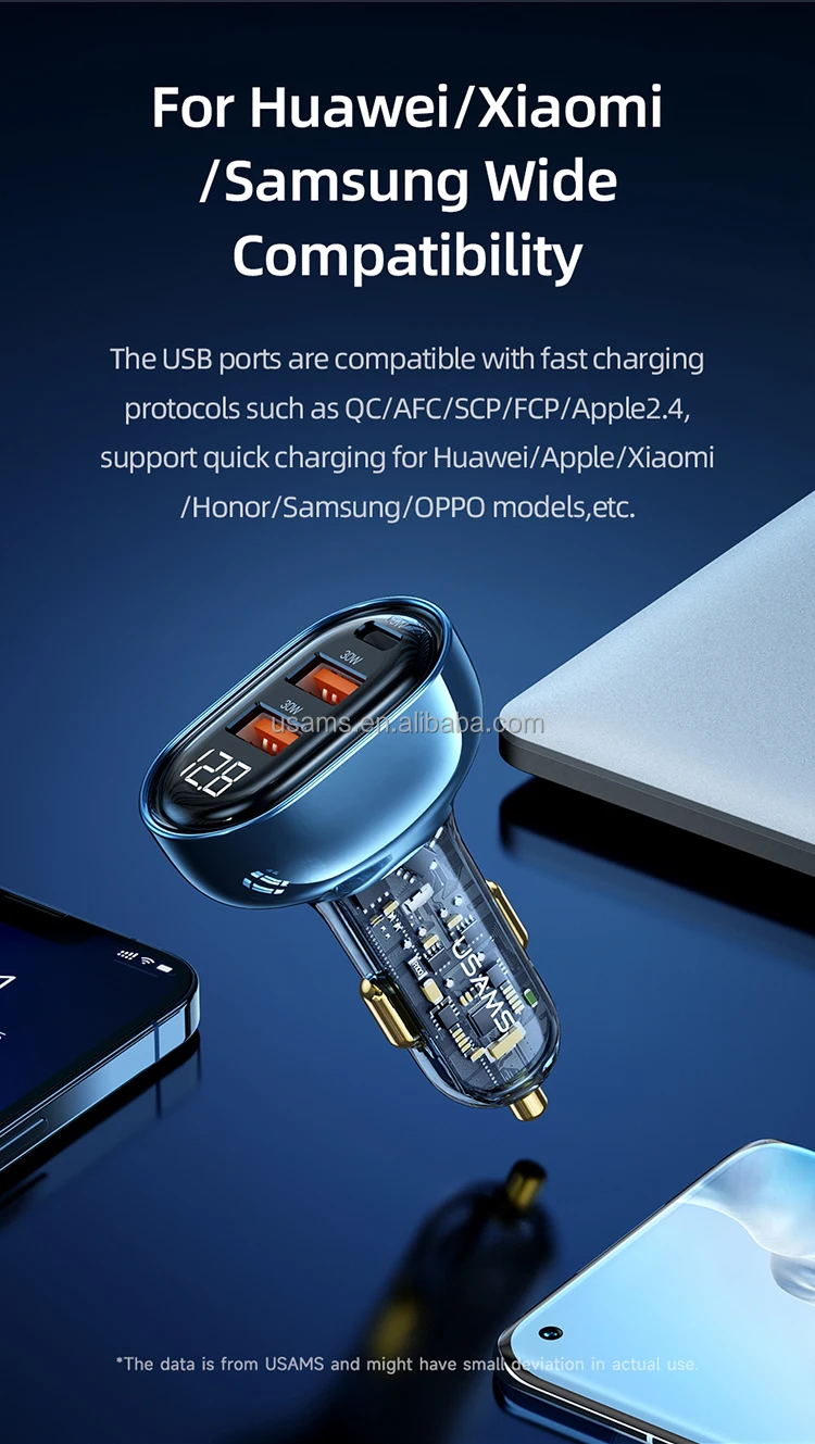 Usams New Transparent Portable Car Charger Digital Display Car Charger