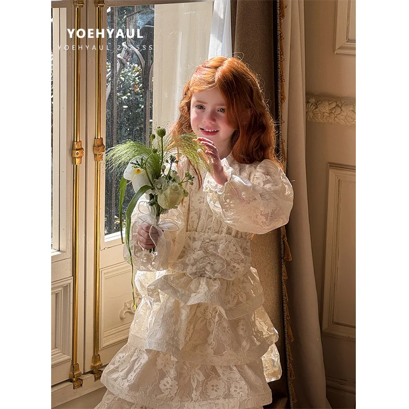 YOEHYAUL 25019 2-8Y Long Sleeve White Baby Girl Party Dress Lace