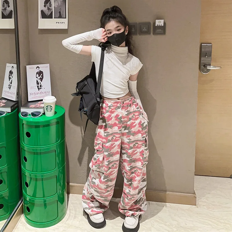 2023 новые осенние модные розовые повседневные камуфляжные брюки для больших девочек Классные брюки От 5 до 15 лет