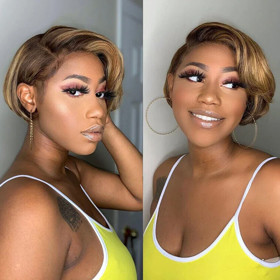 150% Density 6 Inch 13x1 T Part Transparent Lace Short Pixie Cut Remy Human Hair Wig Natural Black Color For Women_voghion.com