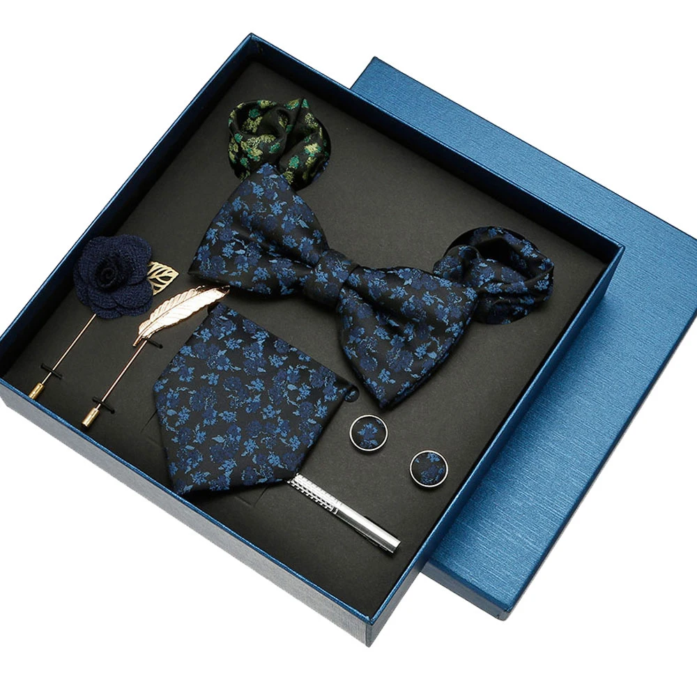 8-piece Set Business Blue Floral Jacquard Silk Tie Brooch display picture 2