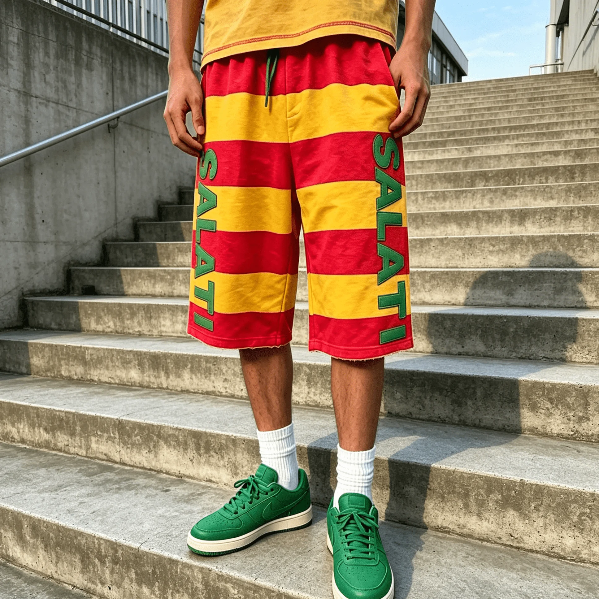OEM ODM Custom Logo Mens Red Yellow Striped Baggy Drawstring Side Letter Print Hip Hop Basketball Streetwear Casual Shorts