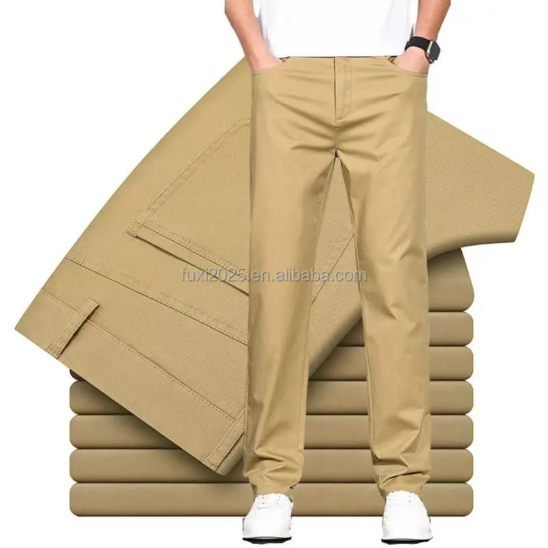2025 Men's Khaki Casual Pants Breathable Slim Elastic Waist Button