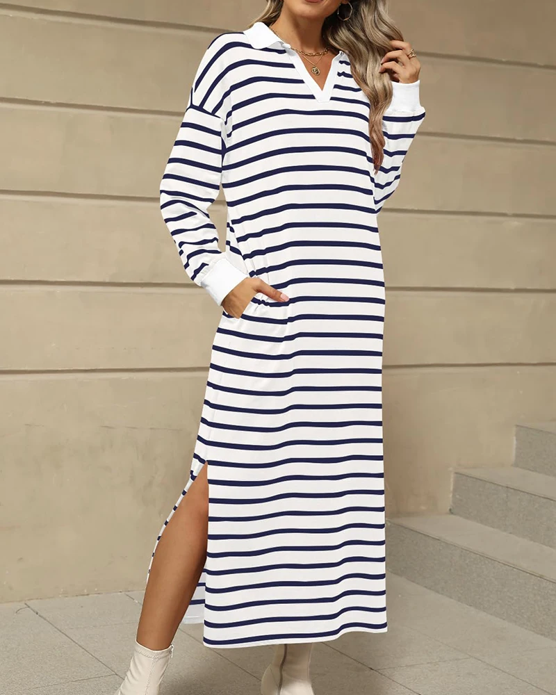 Oem Elegant High Slit Women's Casual Lapel Shift Dress Plus Size Stretchy Soft Knitwear For Outdoor Lounge Sweet Style Oem Elegant High Slit Women's Casual Lapel Shift Dress Plus Size Stretchy Soft Knitwear For Outdoor Lounge Sweet Style
