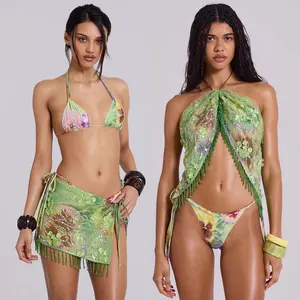 Summer Print Beach Sexy Two Piece Sets Women Green Sequins Tassel Halter Top and Mini Skirt Female Bikini 2 Piece Set
