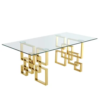 Glass Dinning Room Table Modern Gold Stainless Steel Leg Rectangular Square Round Clear Tempered Glass Top Dining Table