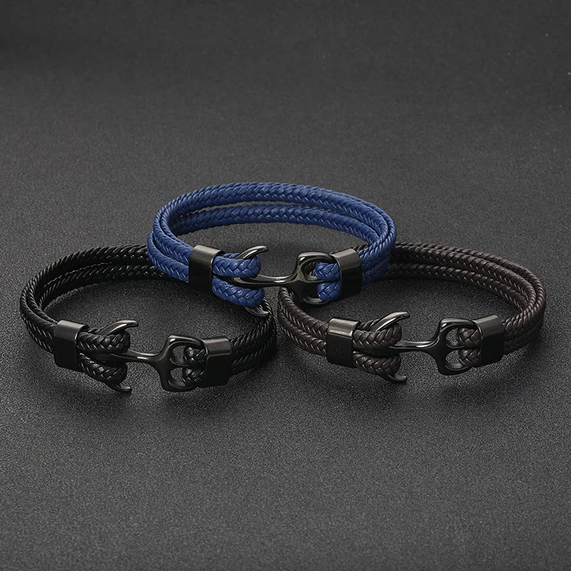 Adjustable Custom Stainless Steel Anchor Handmade Nylon Rope Braided Black Double PU Genuine Leather Men