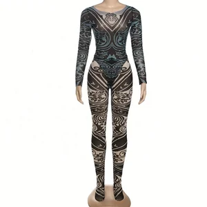 Dropshipping 2026 Wholesale Boutique Long Sleeve Digital Print Mesh Ladies Two Piece Romper and Pants Set