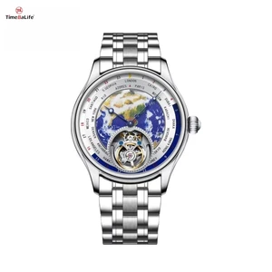 OEM LOGO Original Tourbillon Movement Men's Mechanical Watches Hollow Blue Earth Dial Stainless Steel Casual Luxury Watch