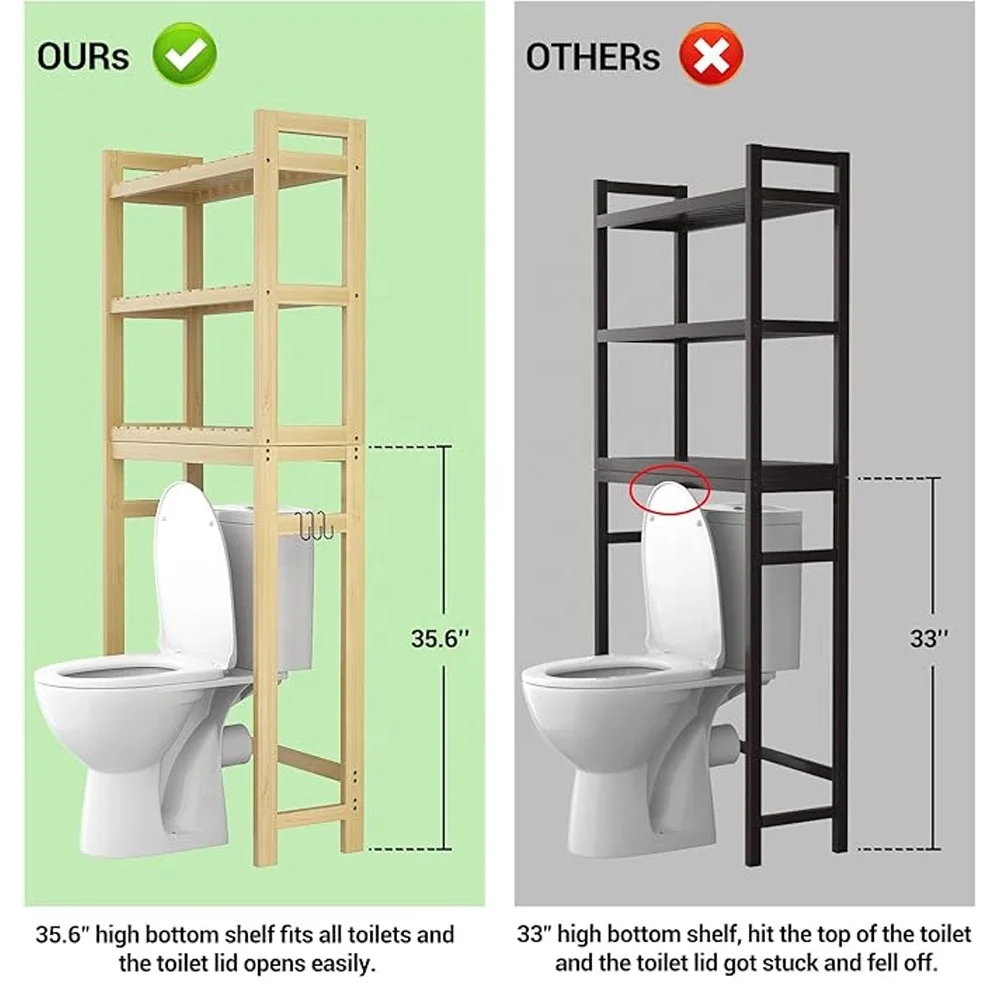 Homykic 3-Tier Bambus Badezimmer regal 3 Haken WC Organizer Rack  Freistehend Einfache Montage Lagerung Kleiner Raum Toilette