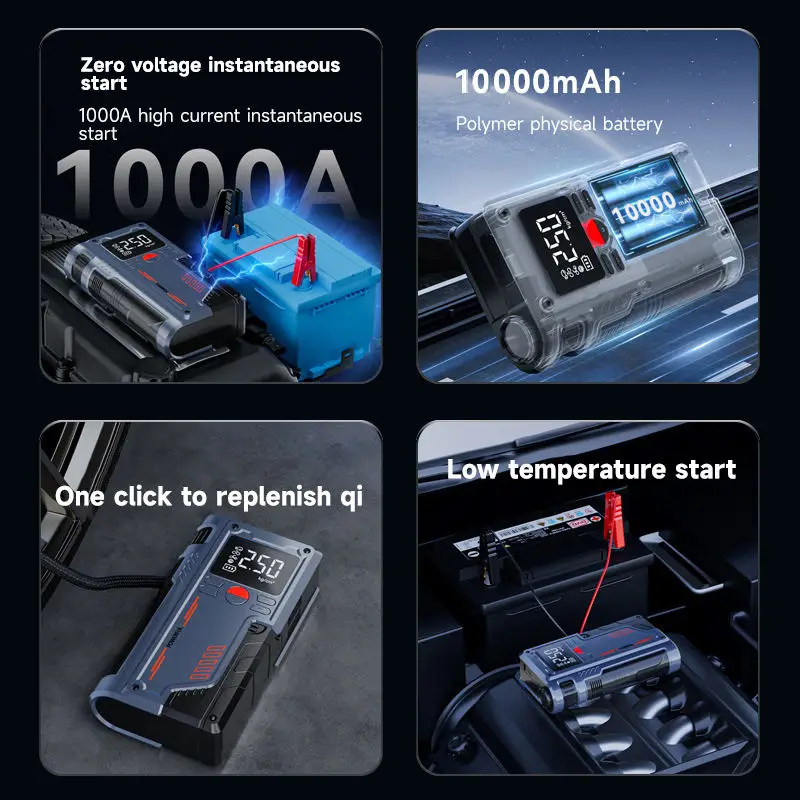 Wireless Portable 150PSI Car Air Pump Jump Starter 10000mAh ABS Battery Smart Clip Auto Tyre Inflator - view 6