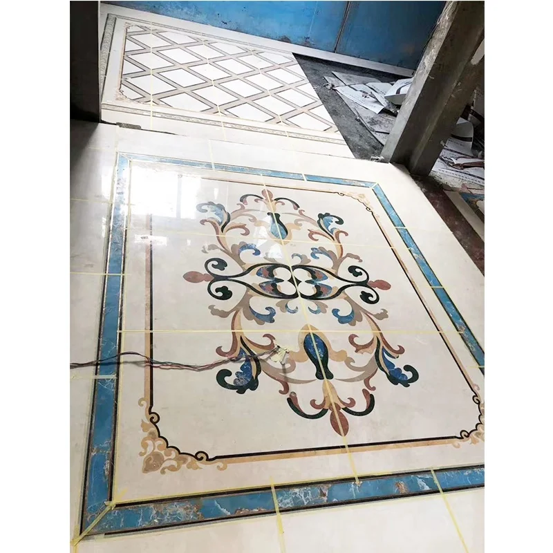 Jubin lantai inlay pintu masuk vila marmar berhias dengan kaedah pemotongan jet air, jubin lantai marmar jet air
