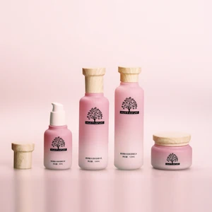 Frosted pink to White Gradient T-shaped Wood Grain Lid 120ml 100ml 40ml Pump Lotion Bottle 50g Cream Jar
