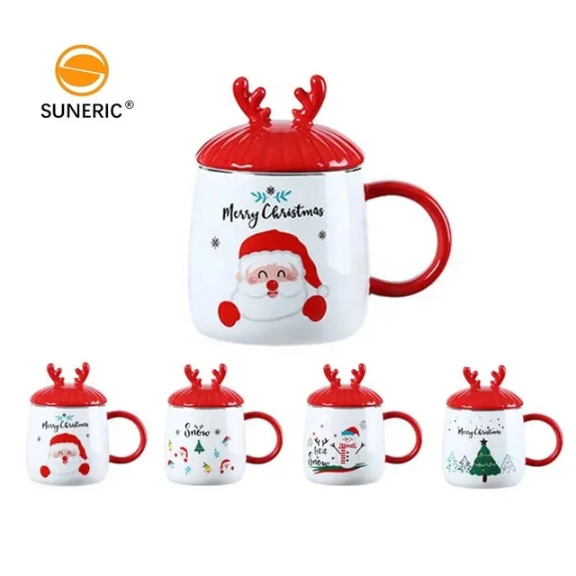 Creative Santa Decoration Drinkware Xmas Coffee Tea Elk Deer Lid Cup Gift Box Set Ceramic Christmas Mugs