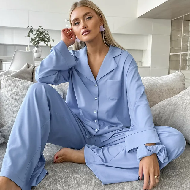 Autumn Design Custom Luxury  Basic Solid 2 Piece Long Sleeve Pyjamas Satin Pjs Silk Pajamas Lounge Wear Set