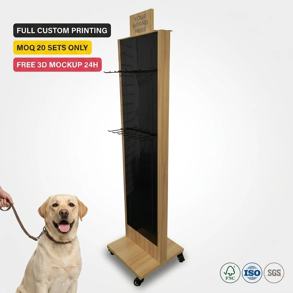 Estante Móvel de Luxo Personalizada para Coleiras e Guias de Estilo Boutique para Animais de Estimação, em Madeira, para Exibição de Coleiras e Arreios de Cães em Lojas Especializadas em Produtos para Pets e Salões de Estética Animal
