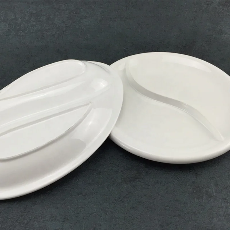 Unbreakable Restaurant Dinnerware White Round Melamine 2 Sections Compartment Portion Plate