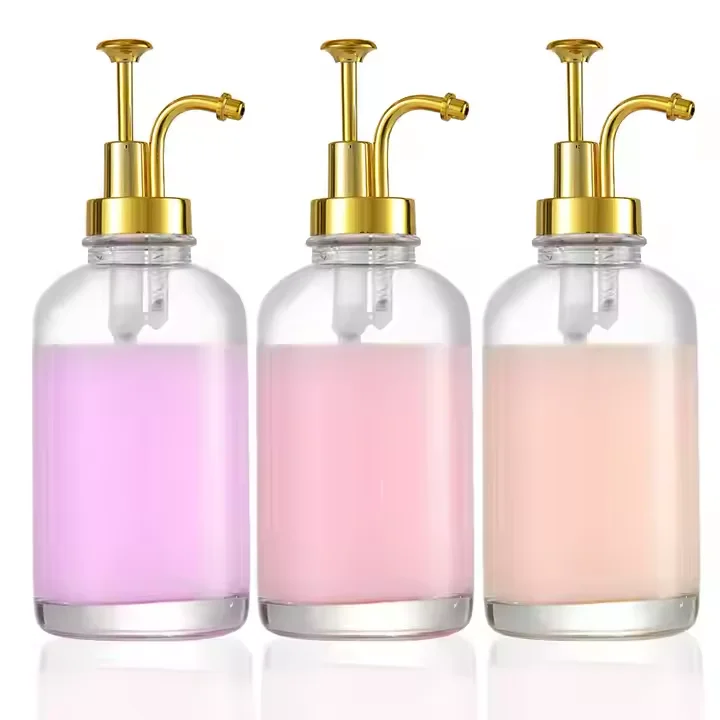 Bouteilles distributrices de shampoing et de savon liquide en verre transparent personnalisables en gros de 500 ml avec pompe dorée