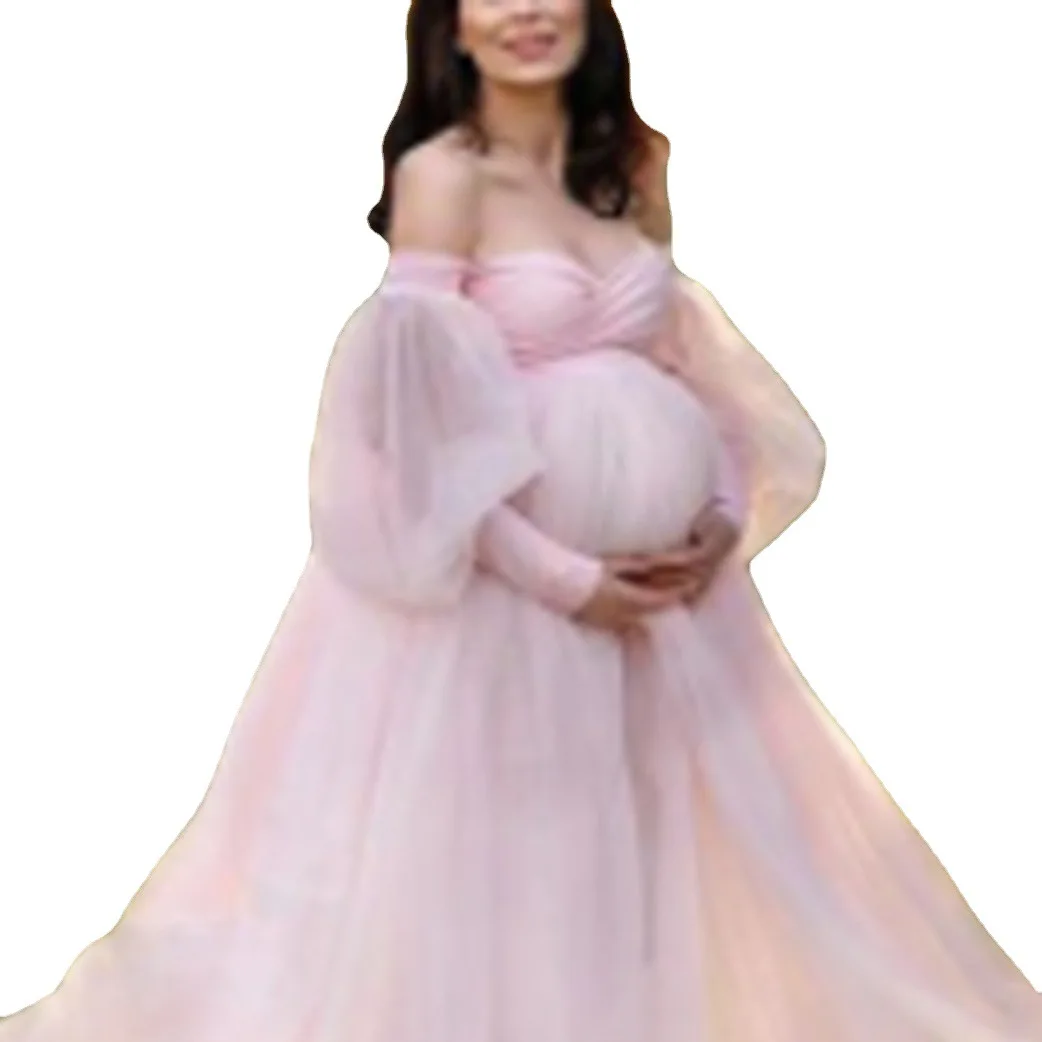 Strapless Baby Shower Evening Gown Sexy Pregnant Women Pregnancy  Photography Clothes Pink Cute Maternity Dresses for Photo Shoot