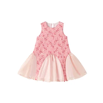 Baby Girls' Dresses Summer Floral Princess Dress Pink Sleeveless Mesh Flower Dress with O-Neck Collar and Lace Decoration