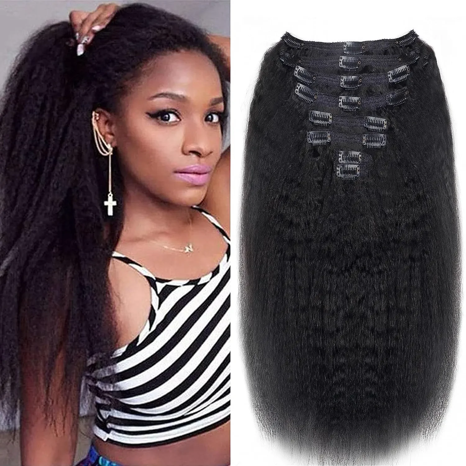 Kinky Straight Clip-In-Haarverlängerungen, 26 Zoll, Echthaar, dick, großes Volumen, natürliche Haarfarbe Nr. 1B, Naturschwarz, 120 g, für Frauen_voghion.com