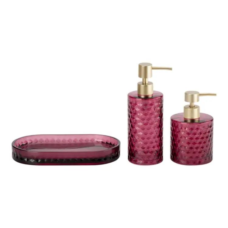 3pcs round Shape Rose Red with Diamond Pattern Glass Soap Dispenser Bathroom Accessory Set