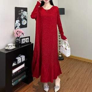 Womens Wholesale Clothing Chic Woman Dress Design Sense Solid Color Long Sleeve Loose Casual Dress Miyake Pleated Dress