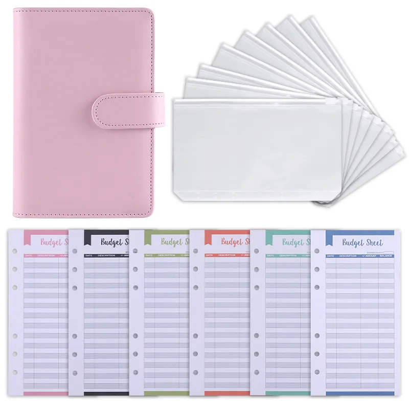 Designer Budget Planner Binder with Zipper Envelopes Budget System Binder Notebook Faux Leather Luxury Promotion Hardcover A6 PU