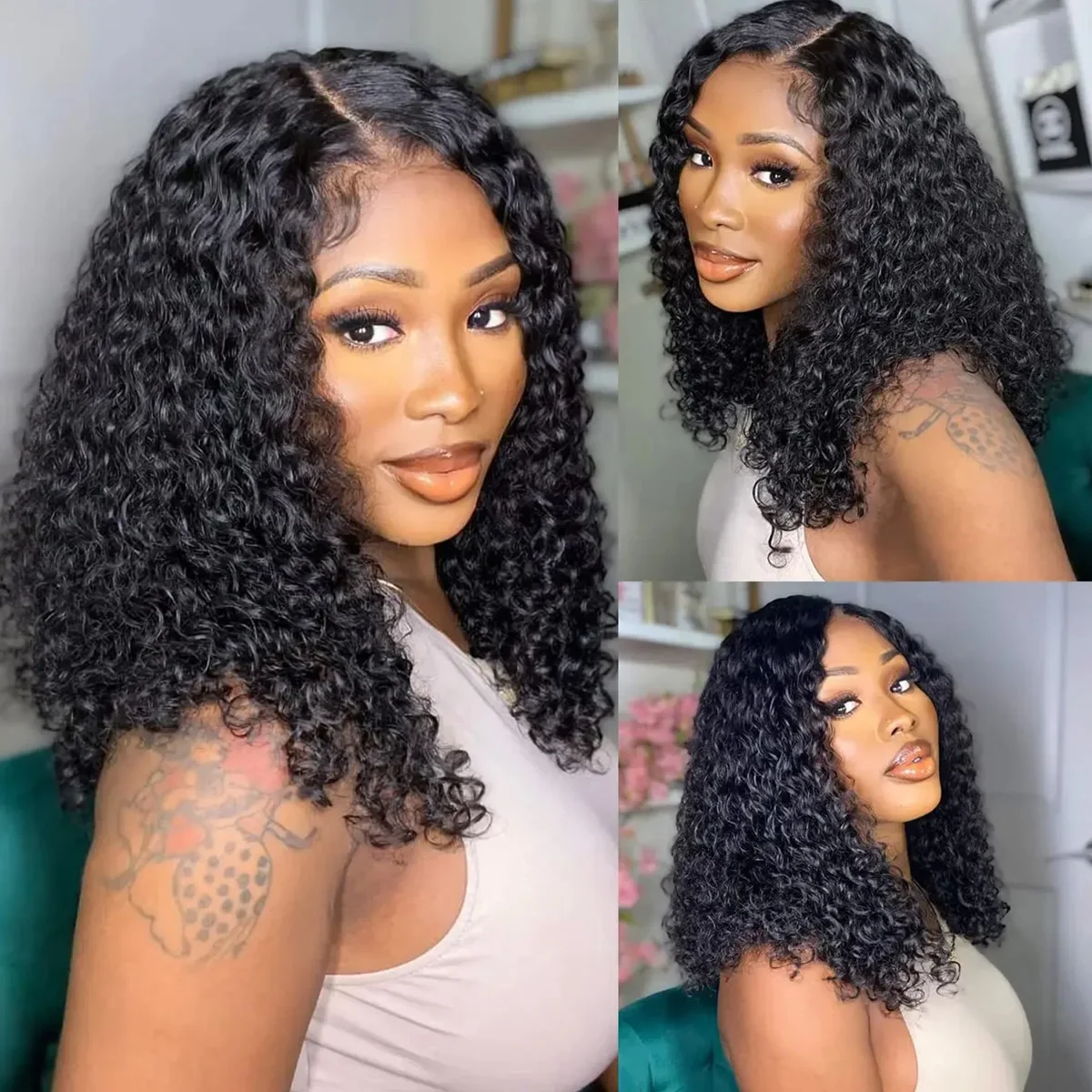 Deep Wave Bob Wig 180 Density T Part Lace Frontal Human Hair Peruvian Remy Curly Short Bob Wig_voghion.com
