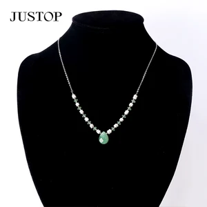 Vintage Fashion Stainless Steel Choker Gold Plated Beads Waterproof Natural Stone Pendant Necklace Trendy Jewelry Making Chain