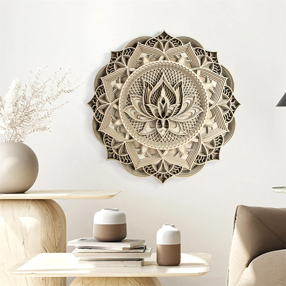 Entwoodart Lotus Flower Mandala Wood Wall Art – Round Multicolor Wooden Decor For Any Room