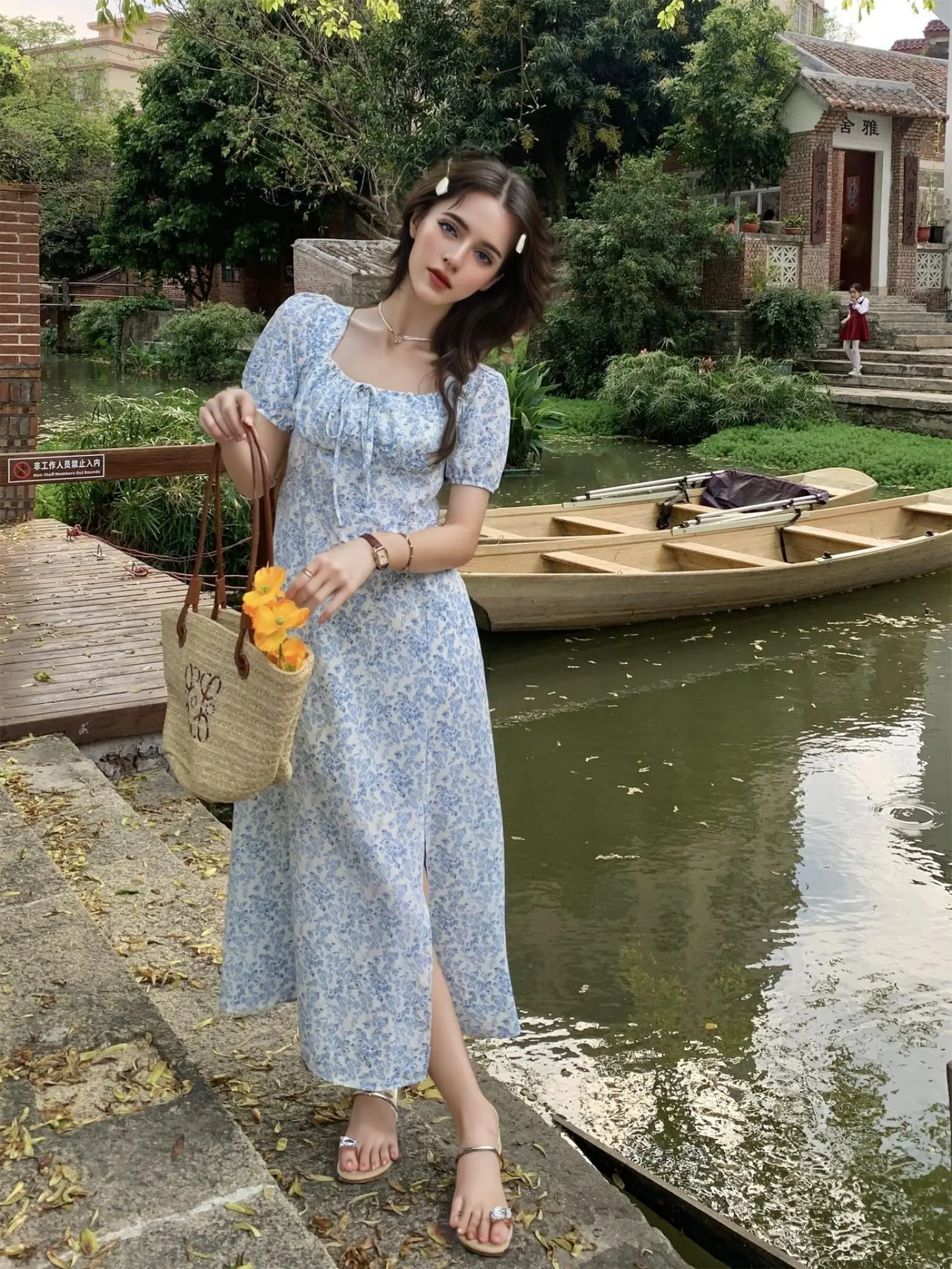 European American Floral Waist Dress with Lace & Button Decor Short Sleeve  Slit Square Collar Casual Sexy French Long Skirt