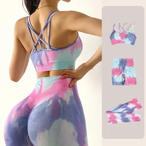 Seamless Tie Dye Yoga Suit Sports Suit High Waist Fitness Pants Yoga Sets Straps Beautiful Back Bra Shorts Two Pieces Sets