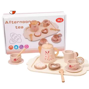 Multi-functional Simulation Play House Afternoon Tea Dessert Cake Sale Tea Making Pot and Cup Tea Set Suit Wooden Toys for Kids