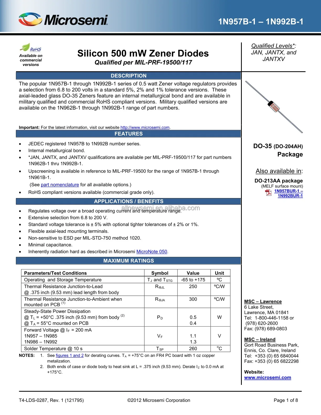 Hot sale Original JANTX1N964B-1 DIODE ZENER 13V 500MW Zener Diode 13 V 500 mW ±5% Through Hole DO-204AH (DO-35)