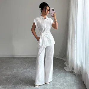 Elegant Women Sets Short Sleeved Vest Wide Leg Pants Two Pieces Sets Cotton White Women's Suit