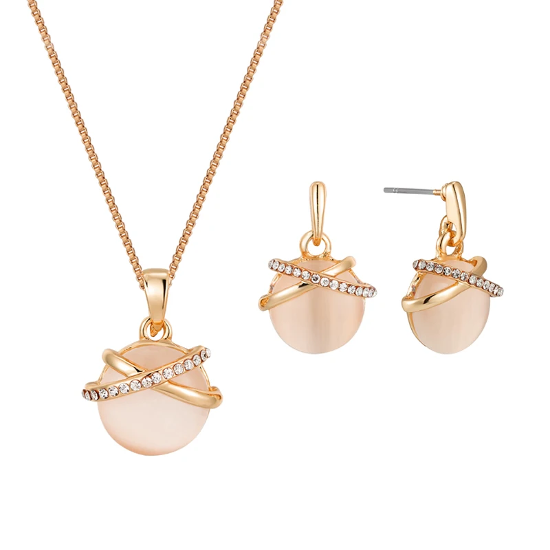 2024 Newest Design 2PCS Gold Zircon Planet Opal Earring Necklace Set Jewelry Set