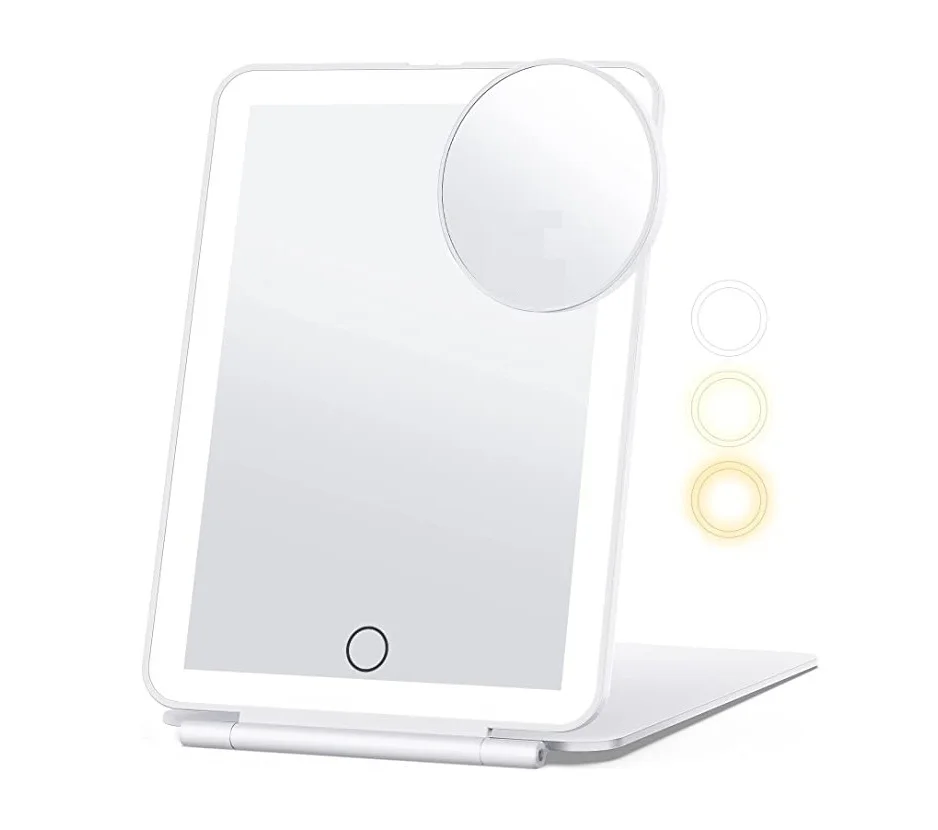 Portable Foldable LED Lighted Cosmetic Mirror Mini IPad Style Desktop Makeup Mirror Square Travel Tabletop Makeup Vanity
