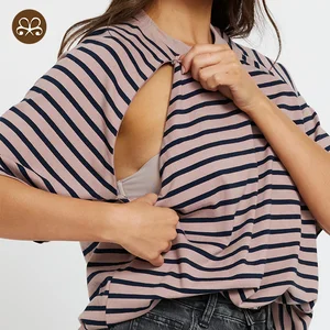 Hot Selling Custom Maternity Clothing Stripe Breastfeeding Invisible Zipper T-shirt Women Casual Nursing Top