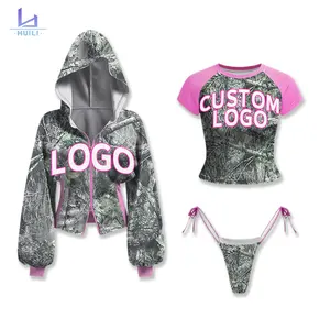 Huili Oem New Trending Custom Realtree Camo Print Zip up Hooded Jacket & Swimsuits Sports Loungewear Activewear Sets for Women